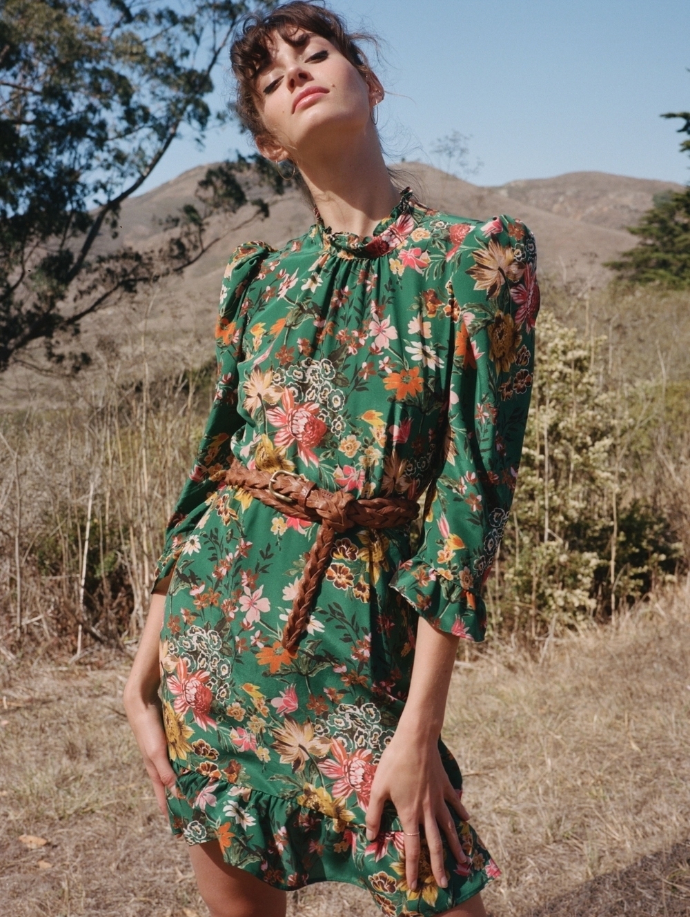 Amour Vert Green Floral Ruffled Hem Mini Dress L NWT